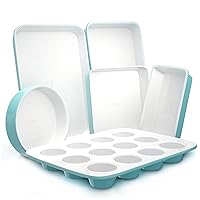 NutriChef 6-Piece Baking Pan Set, Premium Carbon Steel Bakeware with Durable Ceramic Non-Stick Coating - Includes Wide Baking Pan, Medium Size Cookie Sheet, Muffin Pan, Cake & Loaf Pan - Turquoise