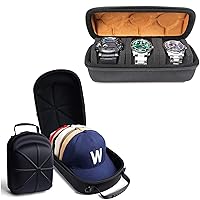 3 Slot Hard Watch Roll Travel Case, Zipper Case Storage and Organizer for Men Baseball hats carry case bag,hardshell baseball caps organizer holder, hold 8 pc baseball bag