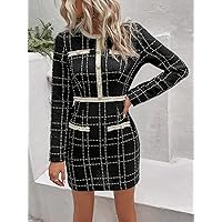 Dresses for Women - Plaid Print Button Detail Fitted Dress (Color : Black, Size : X-Large)