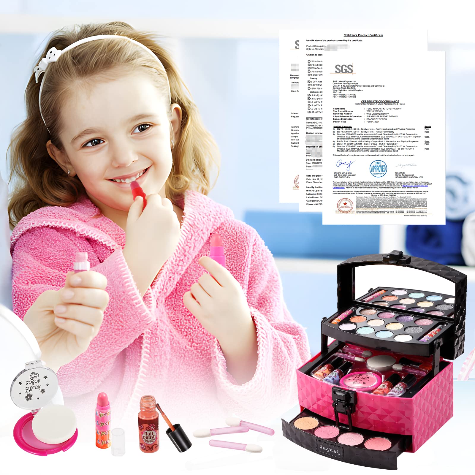 AWEFRANK Kids Makeup Kit for Girls Toys, Toddler Makeup Set, Real Safe & Non-Toxic & Washable for Endless Fun and Creativity, Perfect Princess Gift & Valentines Day Gifts for Ages 3-12
