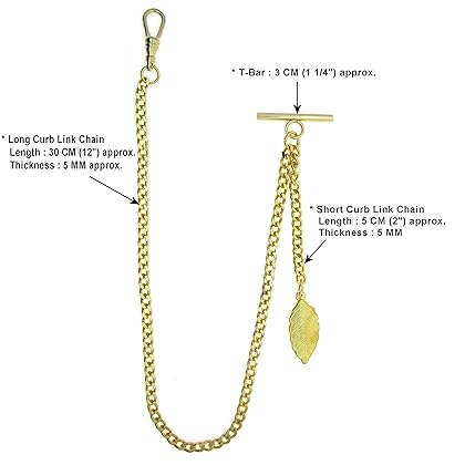 Albert Chain Gold Color Pocket Watch Chains Vest Chain for Men with T Bar Swivel Clasp and Gold Leave Fob AC62