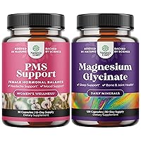 Bundle of Advanced PMS Support Supplement for Women and Pure Magnesium Glycinate 400mg Per Serving for Mood Sleep and Relaxation