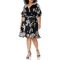 City Chic Women's Plus Size Faux V Wrap Dress with Ruffled Hem and Sleeve Detail