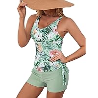 SOLY HUX Women's Beachwear Holiday Print Tankini Bathing Suits Swim Tank Top with Boy Shorts Two Piece Swimsuit