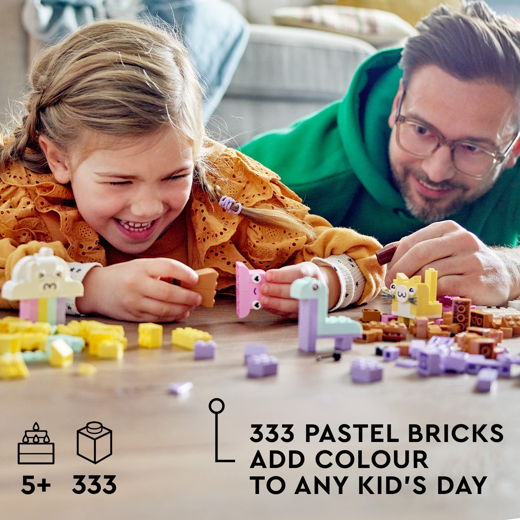 LEGO Classic Creative Pastel Fun Bricks Box 11028, Building Toys for Kids, Girls, Boys Ages 5 Plus with Models; Ice Cream, Dinosaur, Cat & More, Creative Learning Gift