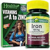 Spring Valley Iron 65 mg 325 mg Ferrous Sulfate 100 Tablets and Vital Volumes Vitamin A to Zinc Tips Card | Bundle