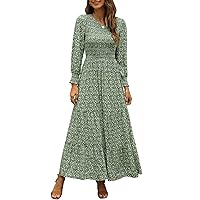 Annebouti Women's 2024 Spring Summer Casual Long Sleeve Maxi Dress Boho Floral Smocked A-Line Modest Long Dresses