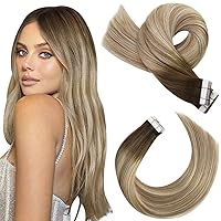 Moresoo Tape in Human Hair Extensions Ombre Tape in Hair Extensions Balayage Brown to Light Brown with Blonde Real Human Hair Tape in Extensions Balayage 20 Inch #3/8/22 20pcs 50g
