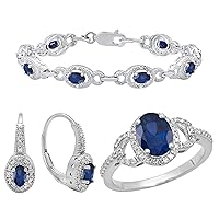 Dazzlingrock Collection Oval Blue Sapphire & White Diamond Halo Style Bracelet, Ring & Earring Set for Women