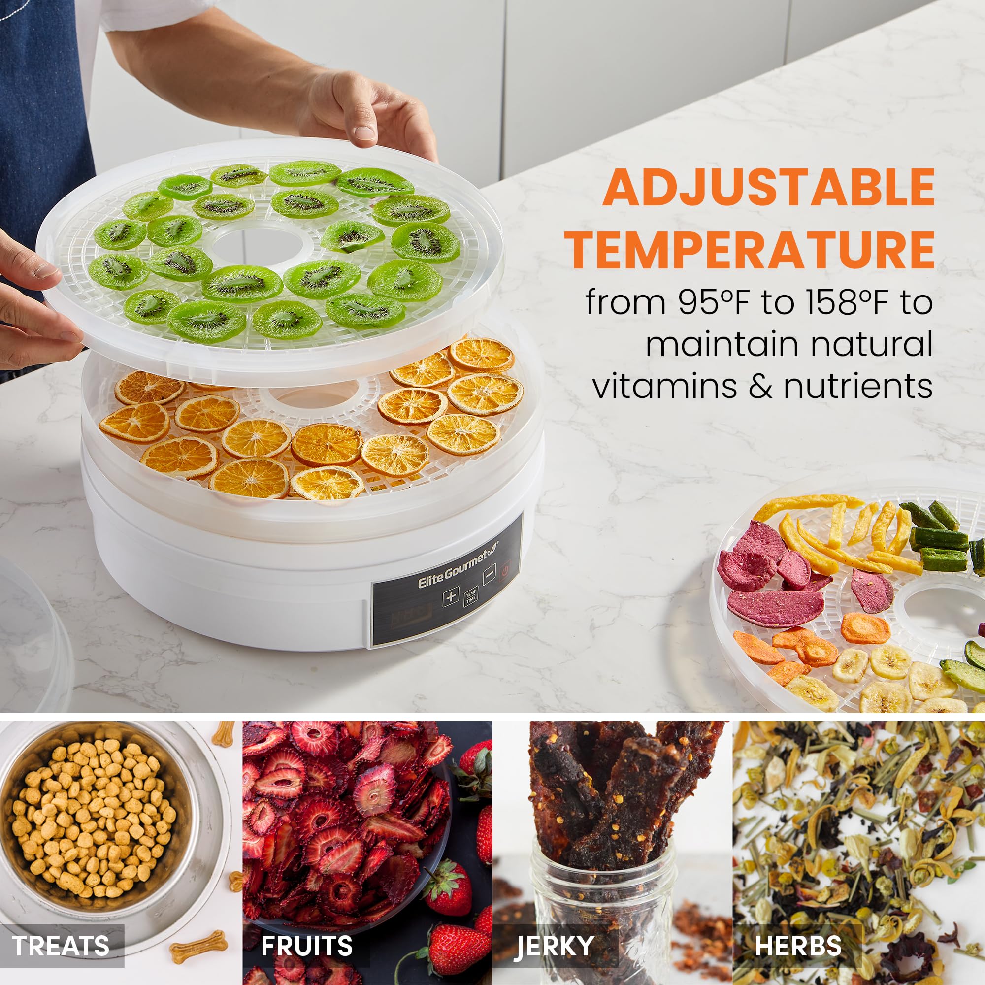 Elite Gourmet EFD770WD Digital Food Dehydrator with 5x12.5” BPA Free Trays, Adjustable Time and Temperature Controls, Jerky, Herbs, Fruit, Veggies, Snacks, White