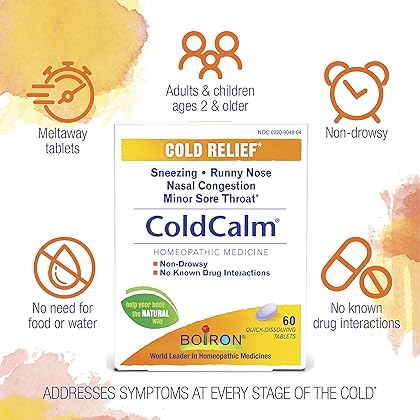 Boiron ColdCalm Tablets for Relief of Common Cold Symptoms Such as Sneezing, Runny Nose, Sore Throat, and Nasal Congestion - Non-Drowsy - 60 Count