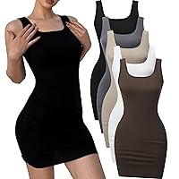 5 Piece Women Sleeveless Tank Dresses Square Neck Slim Fit Short Casual Bodycon Party Club Mini Dress