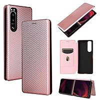 ZORSOME for Sony Xperia 5 III Flip Case,Carbon Fiber PU + TPU Hybrid Case Shockproof Wallet Case Cover with Strap,Kickstand Pink