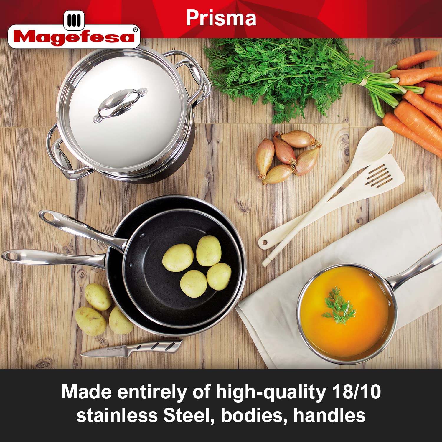 Magefesa® Prisma 13 piece cookware set, pans and pots, nonstick, made in durable & resistant stainless steel, Oven Safe up to 392°F, high-temperatura exterior coating in matte black