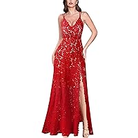 VFSHOW Womens Sexy V Neck Floral Lace Formal Prom High Slit Maxi Dress 2023 Spaghetti Strap Wedding Guest Evening Long Gown