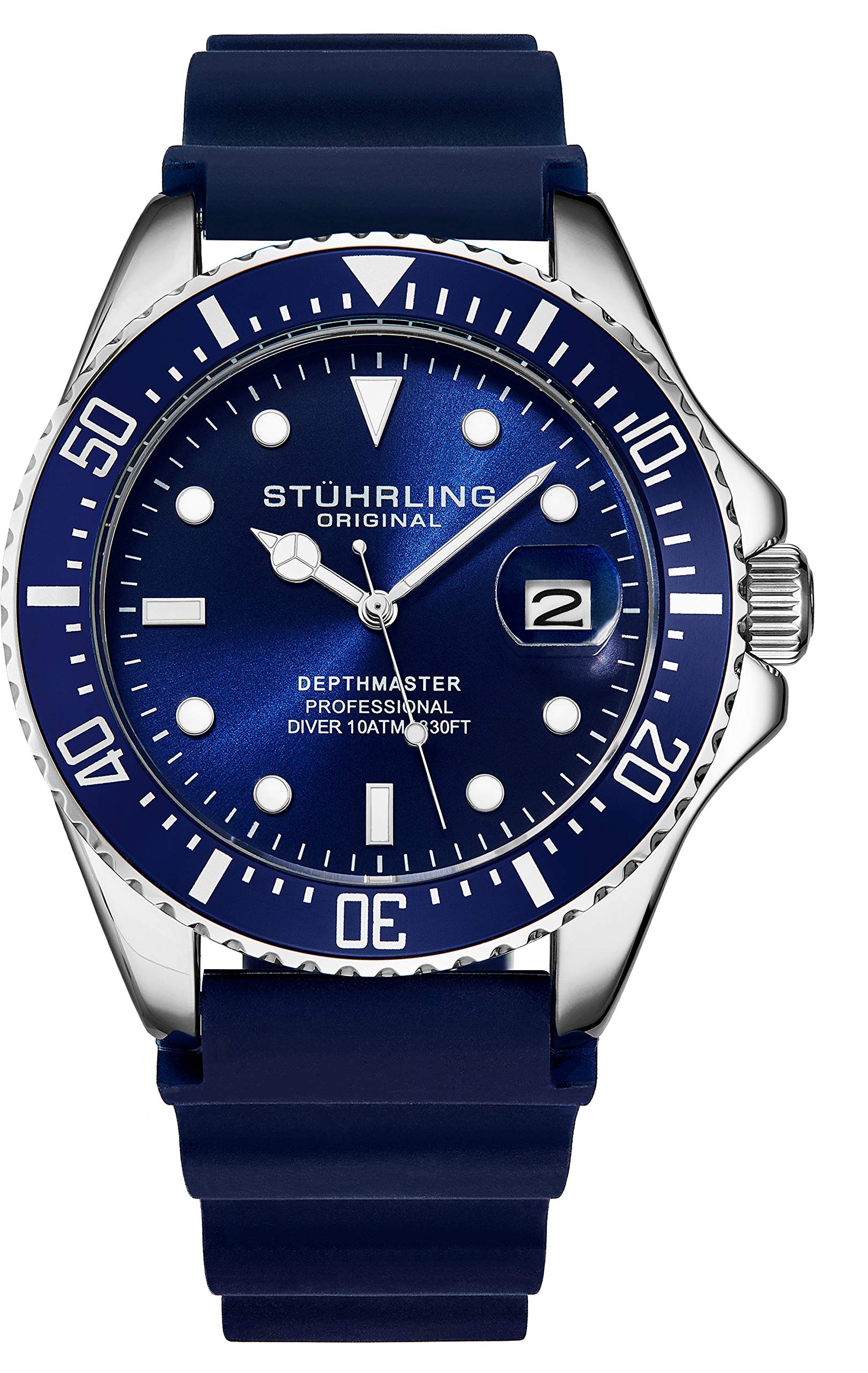 Stuhrling Original Men's Watch Dive Watch 42 MM Silver Case with Screw Down Crown Blue Face and Rubber Strap Water Resistant to 330 FT