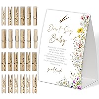 Wildflower Don't Say Baby Game for Baby Shower, Pack of One 5x7 Sign and 50 Mini Natural Clothespins, Baby Shower Decoration, Gender Neutral Party Supplies - SC14