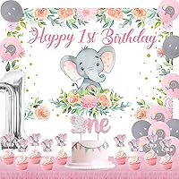 Elephant 1st Birthday Party Decorations Girl - Happy 1st Birthday Backdrop, Elephant One Cake Topper, Cupcake Toppers, Balloons, Pink Elephant Theme First Birthday Party Supplies