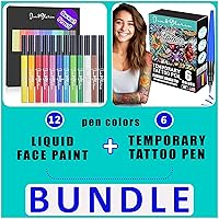 Jim&Gloria Face Paint Brush Pen Set Sweatproof Smudge Proof Water Resistance 12 Colors + 6 Temporary Tattoo Pens Removable Face Body Paint Markers Kit