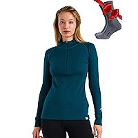 Merino Wool Base Layer Women - 100% Merino Half Zip Sweater Women Lite, Midweight, Heavyweight Thermal Shirts + Merino Socks