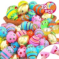 72 Pcs Plastic Easter Eggs Printed Bright Golden Eggs for Easter Basket Stuffers Fillers Empty Easter Hunt Eggs Toys Gifts Party Favors for Kids