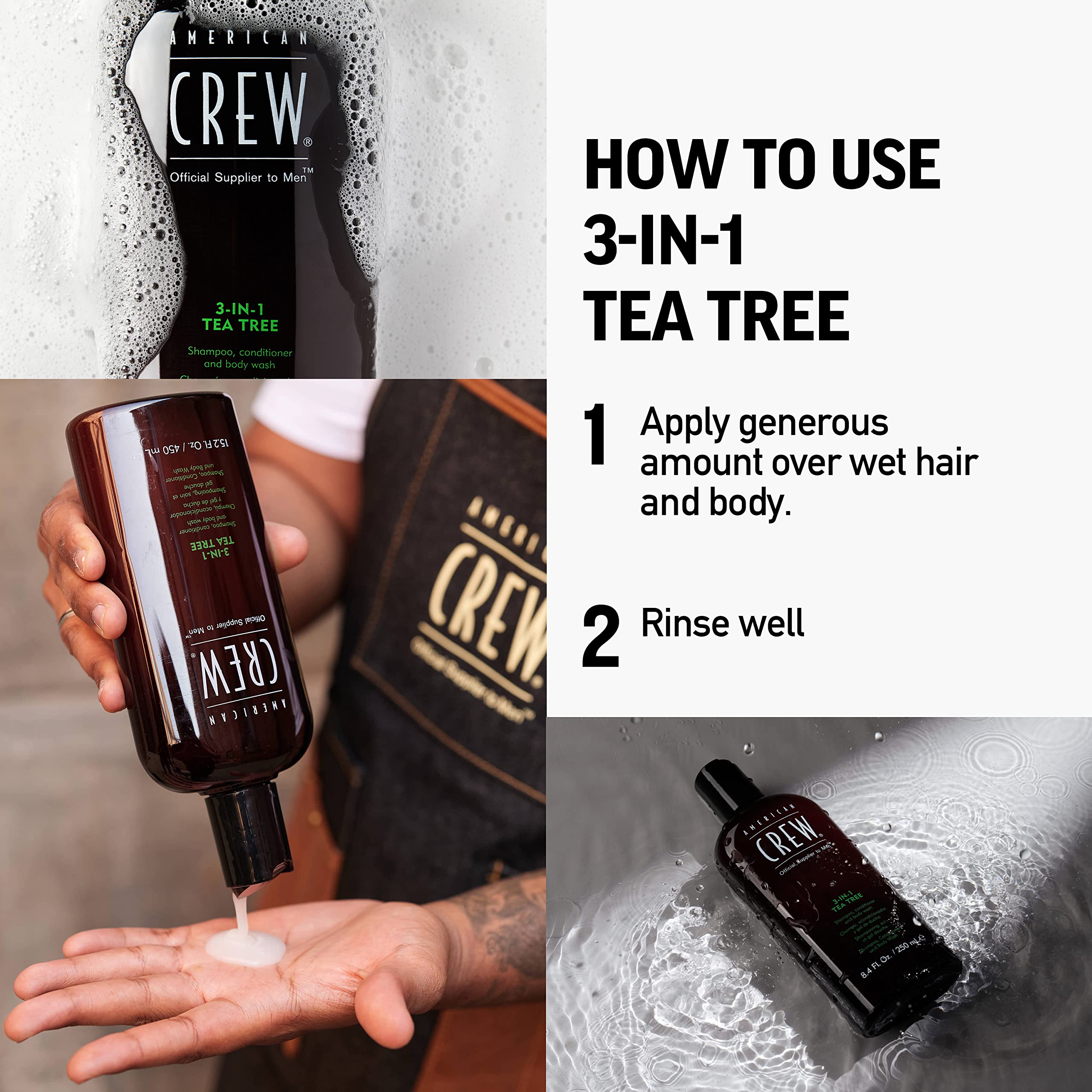AMERICAN CREW Shampoo, Conditioner & Body Wash for Men, 3-in-1, Tea Tree Scent, 8.4 Fl Oz