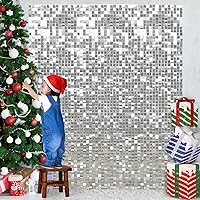 Silver Shimmer Backdrop Wedding Disco Backdrop Sequin Wall Panels Glitter Wall Decor for Backdrop Indoor Outdoor Christmas Ceremony Wall Decorations,12 Packs