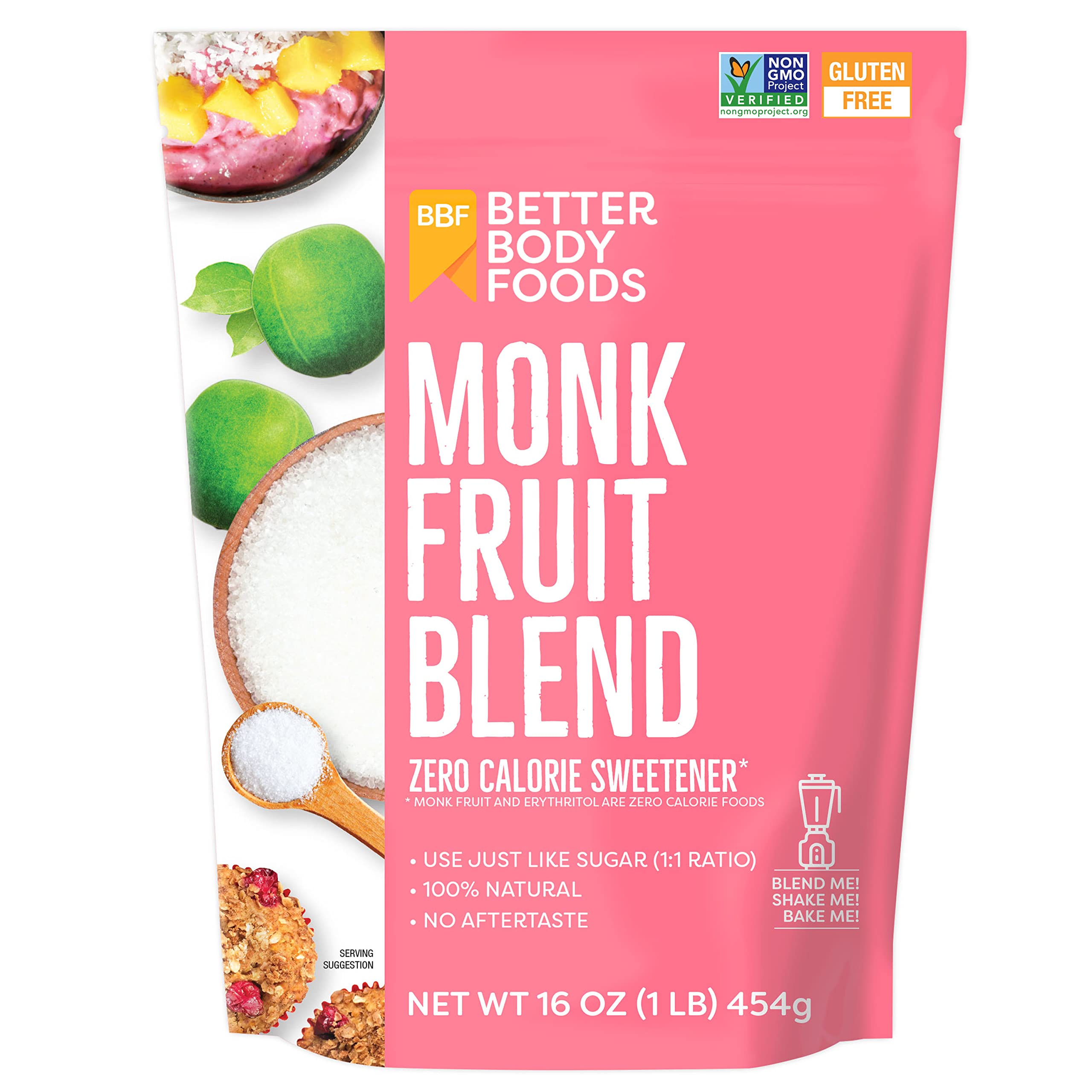 BetterBody Foods Monk Fruit Sweetener Blend, Raw Cane Sugar Substitute, Zero Calorie, Keto Diet Friendly, Zero Net Carbs, Zero Glycemic, Baking, Ex...