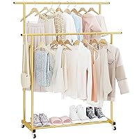 Double Rod Clothing Garment Rack,Rolling Hanging Clothes Rack,Portable Clothes Organizer for Bedroom,Living Room,Clothing Store,Gold