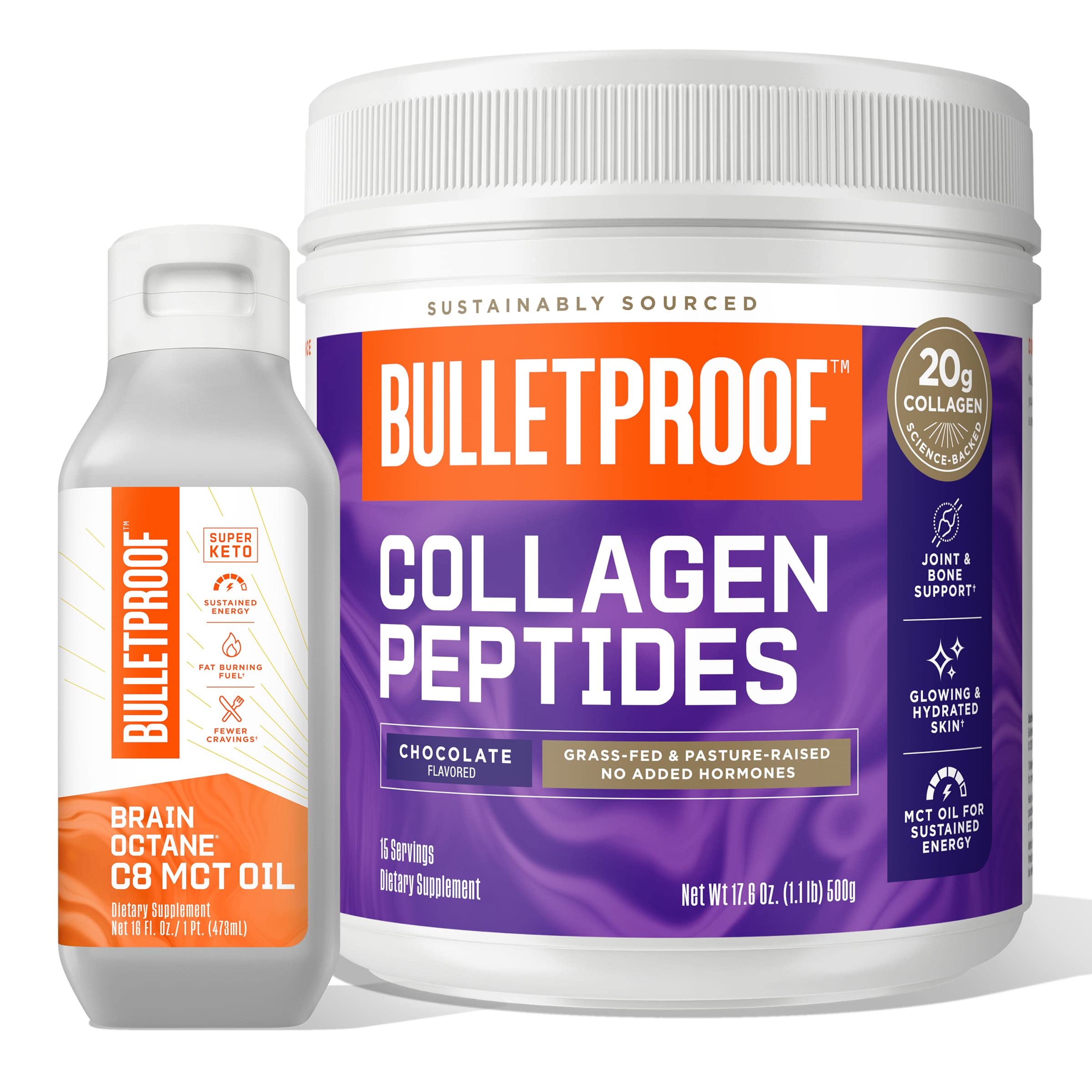 Bulletproof Brain Octane Premium C8 MCT Oil from Non-GMO Coconuts, 14g MCTs, 16 Fl Oz, Chocolate Collagen Protein Powder with MCT Oil, 19g Protein, 17.6 Oz