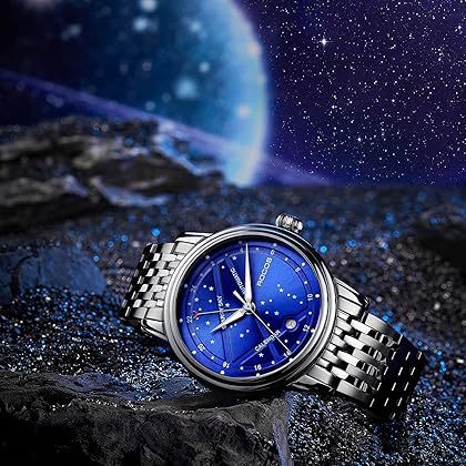 ROCOSJEWE Vintage Mens Watch Automatic Skeleton Watches for Men Waterproof Mechanical Analog Wrist Watches Classic Synthetic Sapphire 24H Luminous Business Wristwatch Starry Sky Dial with Date R00108