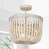 Boho Semi Flush Mount Ceiling Light, Coastal Close to Ceiling Light Fixtures with Lime White Wood Beads for Hallway, Bedroom, Foyer and Kitchen