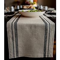 French Stripe Linen Table Runner 72 inches Long – 100% Pure Linen 14 x 72 Inch Table Runner, Black and Natural – Dresser Scarf Farmhouse Dining Table Runner for Spring, Summer