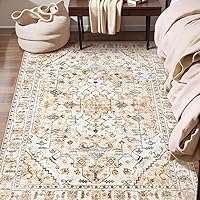 SERISSA Area Rug 3x5 Boho Peach Cream Rugs for Bedroom, Washable Kitchen Rugs Non-Slip, Ultra Soft Print Distressed Vintage Entry Rug Low-Pile Throw Rug Carpet for Nursery Living Room Dorm Decor
