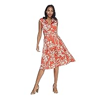 London Times Women's Vintage Palm Floral Twill Fit and Flare, Terracotta, 4