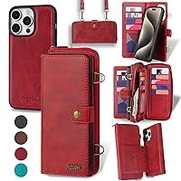 Wallet Case for iPhone 15 Pro Max,Multi-Function Detachable 3 in 1 Magnetic Phone Case Wallet,Flip Strap Zipper Card Holder Phone Case with Shoulder Straps for iPhone 15 Pro Max(6.7'')(Red)
