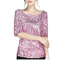 Women's Sequin Tops Glitter Casual T Shirt Loose Round Neck Party Tunic Batwing Dressy Tops