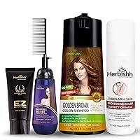 Herbishh Hair Color Shampoo for Gray Hair Golden Brown 400ML+ Hair Color Cream for Gray Hair Coverage + Underarm Cream + Instant Hair Straightener Cream with Applicator Comb
