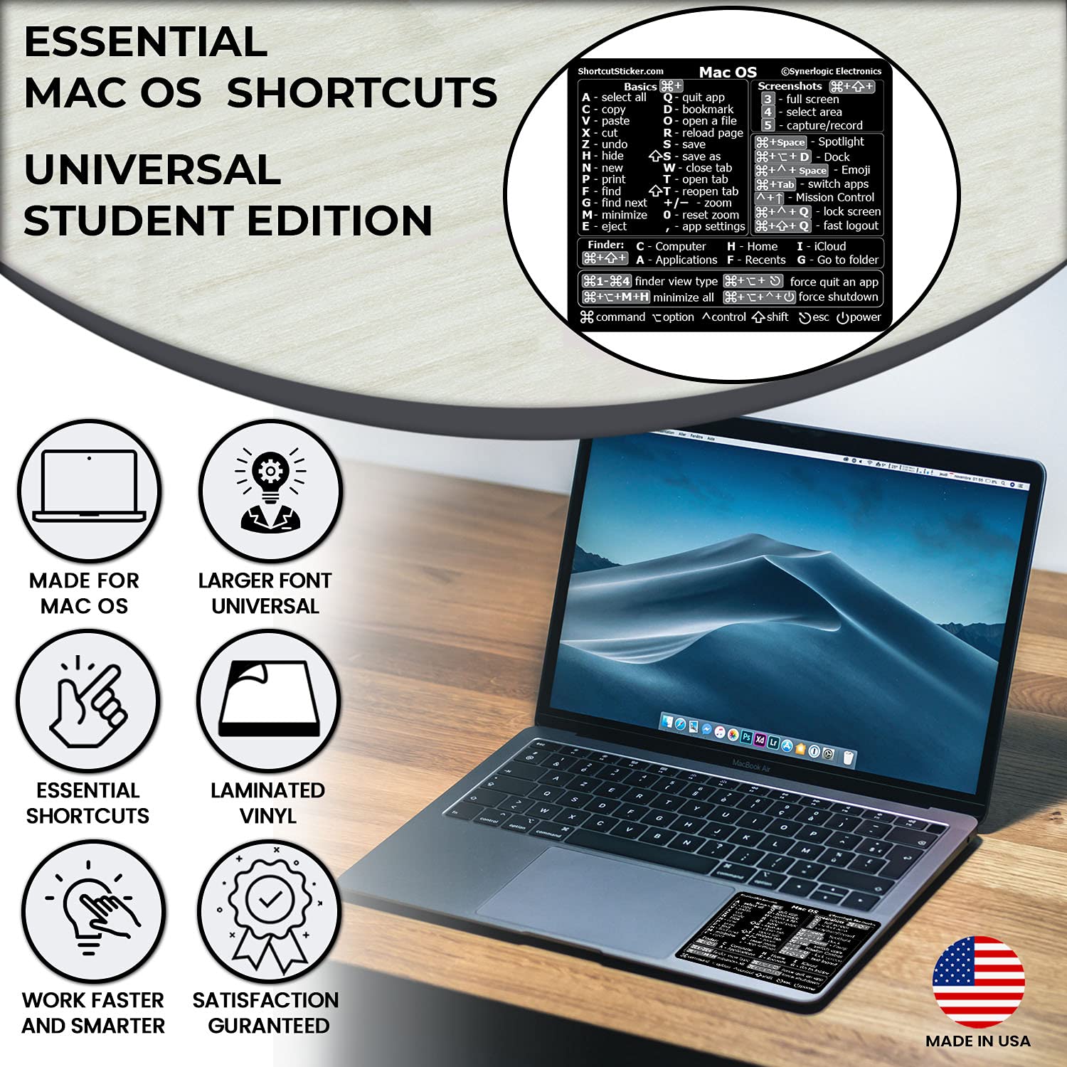 SYNERLOGIC (Universal for Mac) Mac OS Reference Keyboard Shortcut Sticker, No-Residue Laminated Vinyl - for Any MacBook Air/Pro/iMac/Mini (Black)