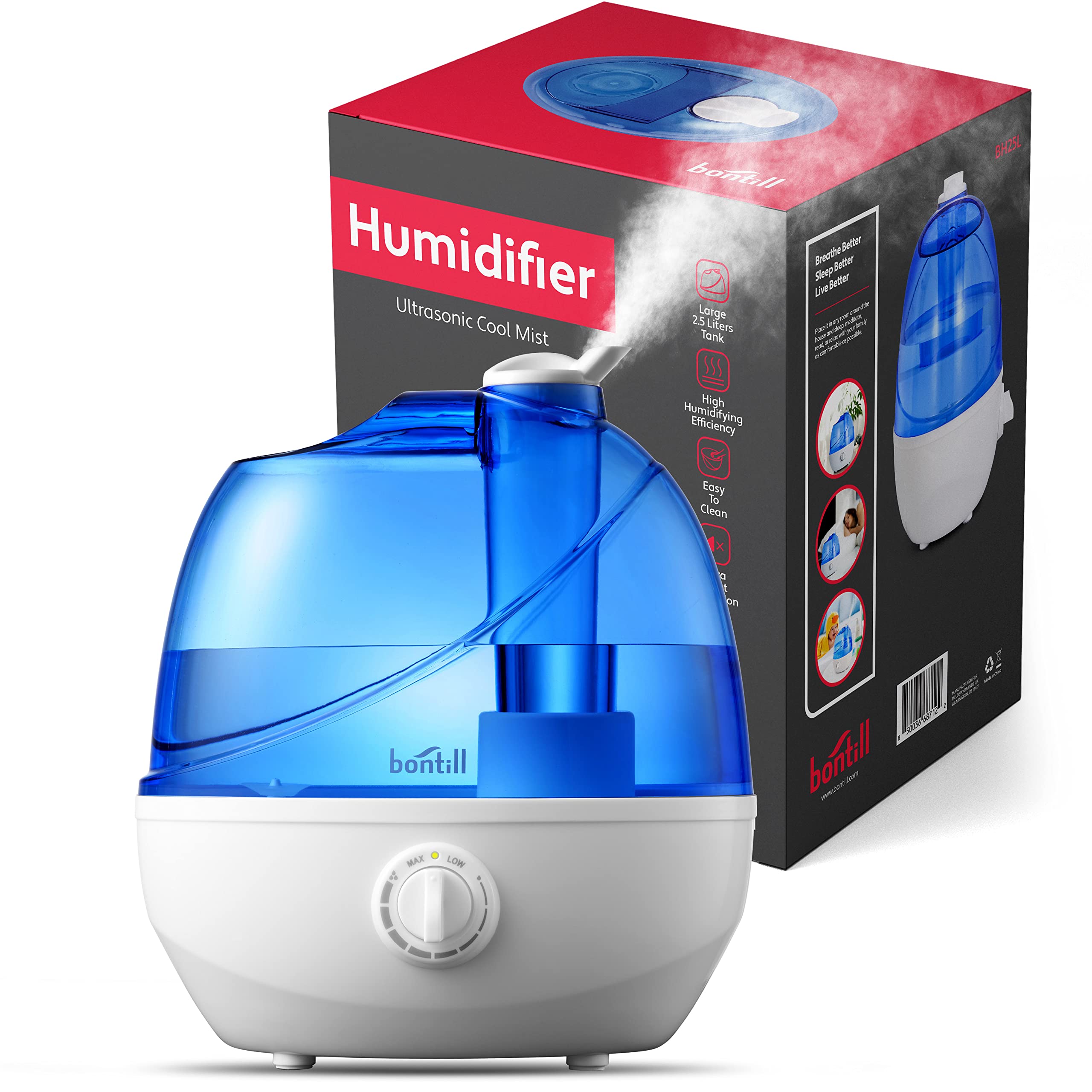 Cool Mist Humidifiers for Bedroom & Large Room (2.5l Water Tank) Quiet Ultrasonic Air Humidifier For Babies Nursery, Office, Indoor Plants & Whole House -Adjustable 360 Rotation Nozzle, Auto-Shut Off