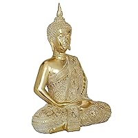 Deco 79 Polystone Buddha Decorative Sculpture Meditating Carved Home Decor Statue with Intricate Carvings and Mirrored Embellishments, Accent Figurine 14