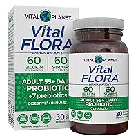 Vital Planet - Vital Flora Adults Over 50 Daily Probiotic 60 Billion CFU, 60 Diverse Strains, 7 Organic Prebiotics, Immune Support, Gas, Digestive Health Probiotics for Women and Men, 30 Capsules