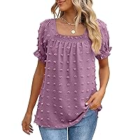 OFEEFAN Womens Tops and Blouses Square Neck Puff Sleeve Chiffon Swiss Dot S-3XL