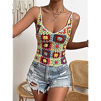 Women's Tops Shirts Sexy Tops for Women Floral Pattern Lace Up Backless Cami Knit Top (Color : Multicolor, Size : Medium)