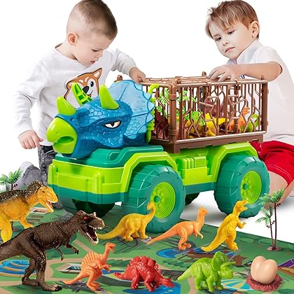 TEMI Dinosaur Truck Toy for Kids 3-5 Years, Triceratops Transport Car Carrier Truck with 8 Dino Figures, Activity Play Mat, Dino Eggs and Trees, Capture Jurassic Dinosaurs Play Set for Boys and Girls