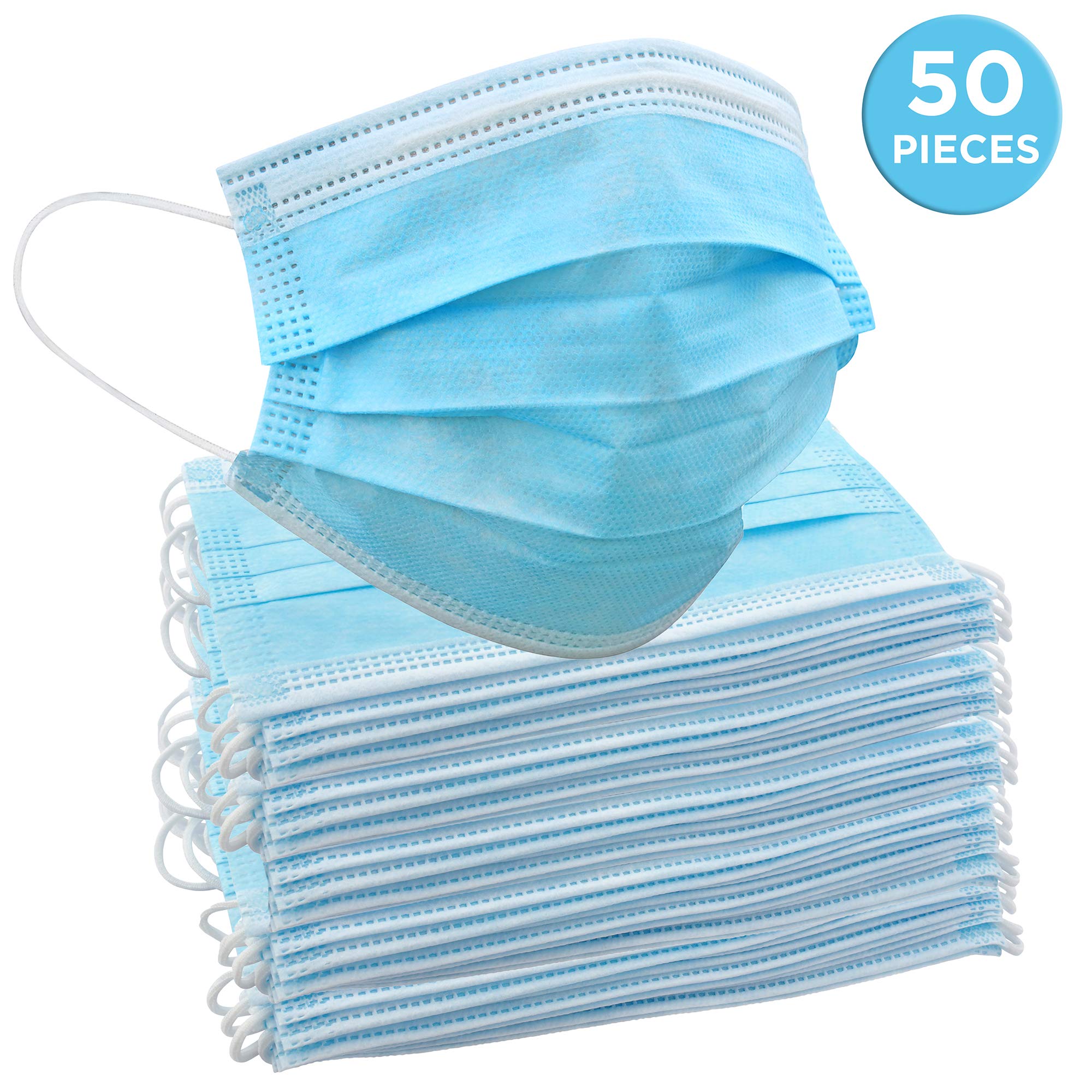 Jumbl Face Mask [50 Pack] Single Use Disposable Blue Face Mask, 3-Ply Masks with Elastic Earloops