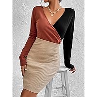 TLULY Sweater Dress for Women Colorblock Wrap Sweater Dress Without Belt Sweater Dress for Women (Color : Multicolor, Size : Large)