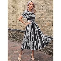 Fall Dresses for Women 2023 Geo Print Batwing Sleeve Ruffle Hem Dress Dresses for Women (Color : Black and White, Size : Large)