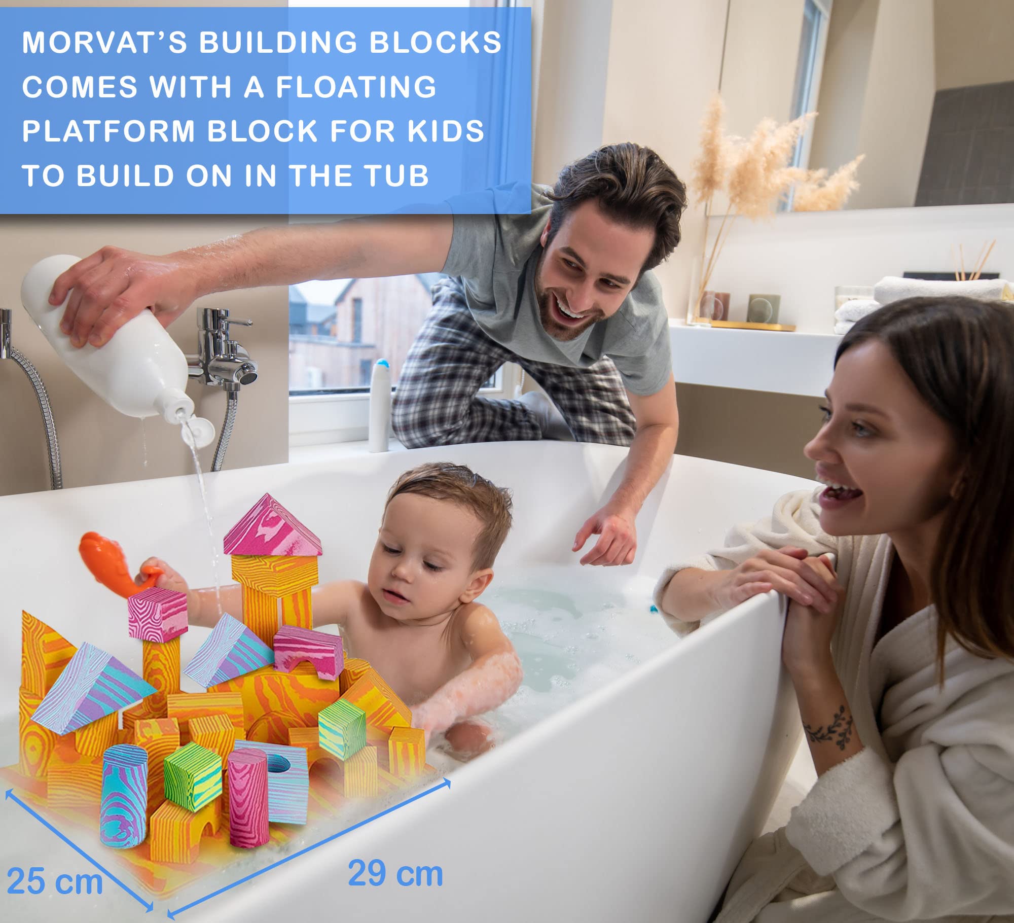 Morvat 60 Piece Colorful Soft EVA Foam Building Blocks Set, Waterproof Play Toy for Children Babies Toddlers & Kids, Boys & Girls Gift, Non Toxic & BPA Free, Bath Tub Platform, Carry & Dry Bag