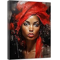 QIXIANG African American Wall Art Black Woman Red Headscarf Portrait Picture Prints on Canvas for Girls Room Home Office Bedroom Decor (16.00